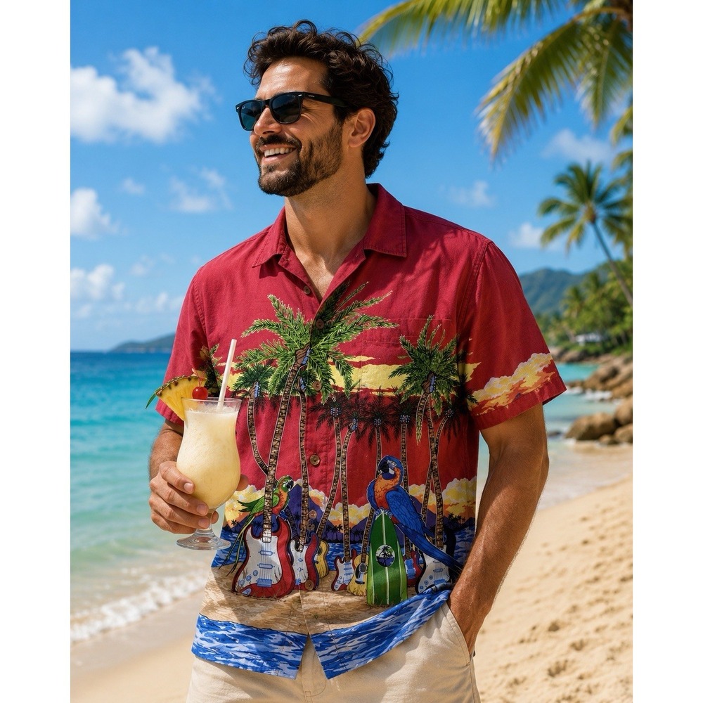 Chiliwear Tropical Parrots & Palm Trees Button Up Shirt Hawaiian Casual M